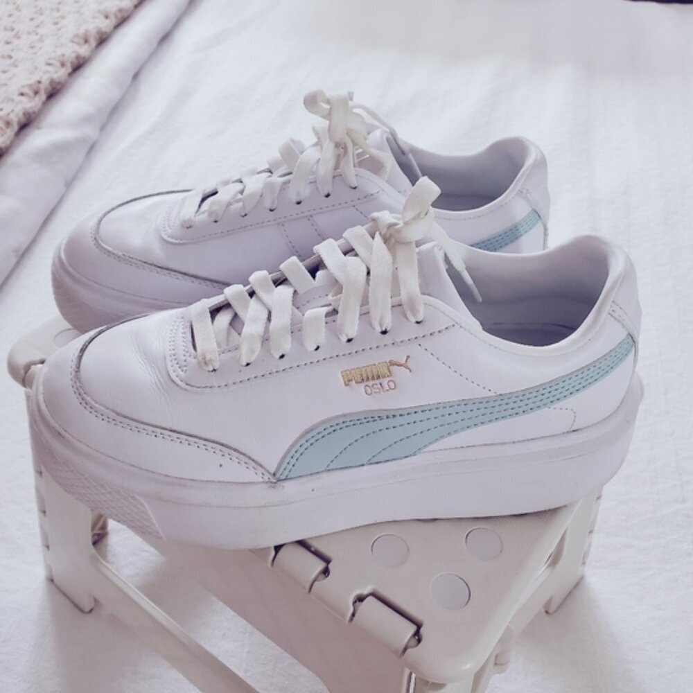 PUMA OSLO MAJA White + Mint Blue Platform Sneakers